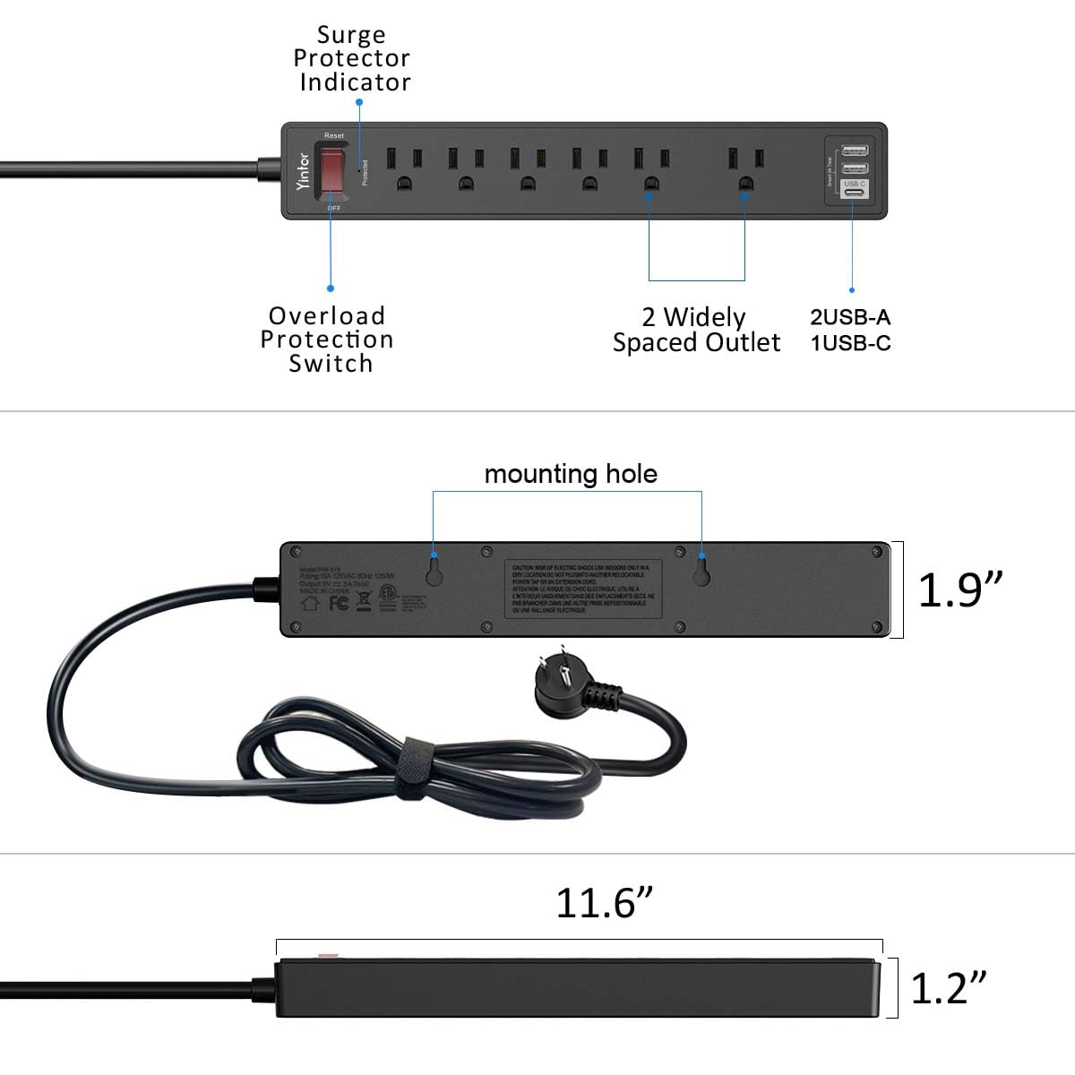 6Ft Power Strip Surge Protector - Yintar Extension Cord with 6 AC Outlets and 3 USB Ports for for Home, Office, Dorm Essentials, 1680 Joules, ETL Listed, (Black)