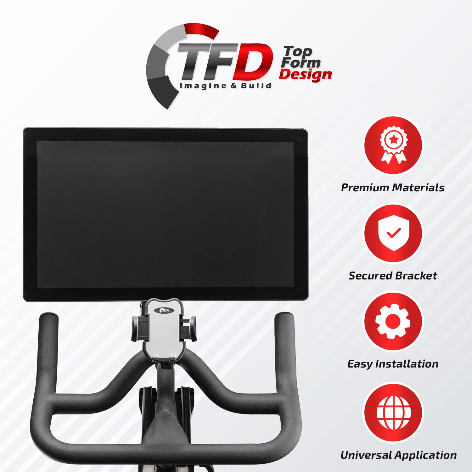 TFD Cell Phone Bike Mount - Expandable Sides Phone Holder for Bike - 360° Rotation Compatible Peloton Accessories - Universal Handlebar Cell Phone Holder for Bicycle or Exercise Bike Accessories