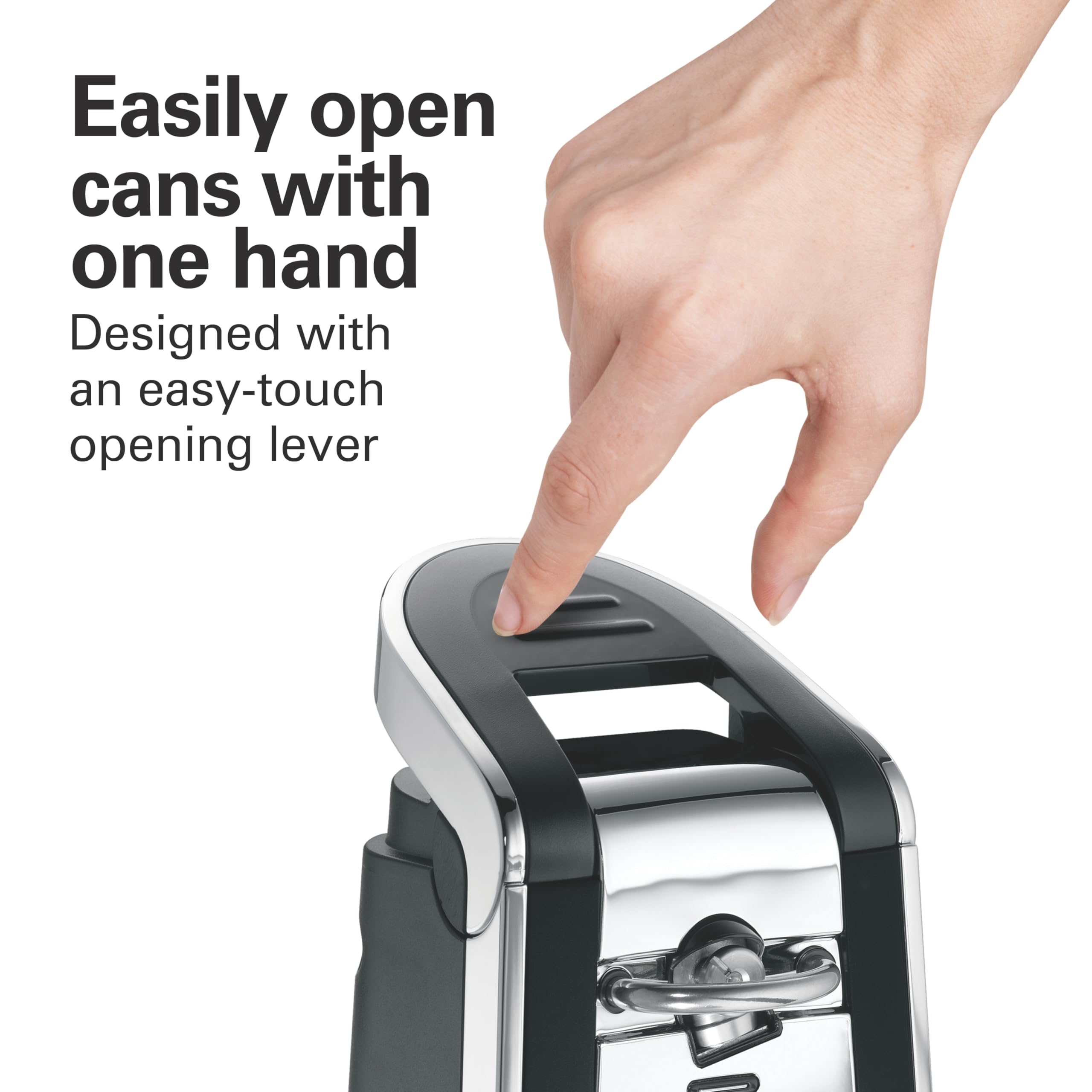 Hamilton Beach Smooth Touch Electric Automatic Can Opener with Easy Push Down Lever, Eliminates Sharp Edges, Opens All Standard-Size and Pop-Top Cans, Extra Tall, Black and Chrome (76606AG)