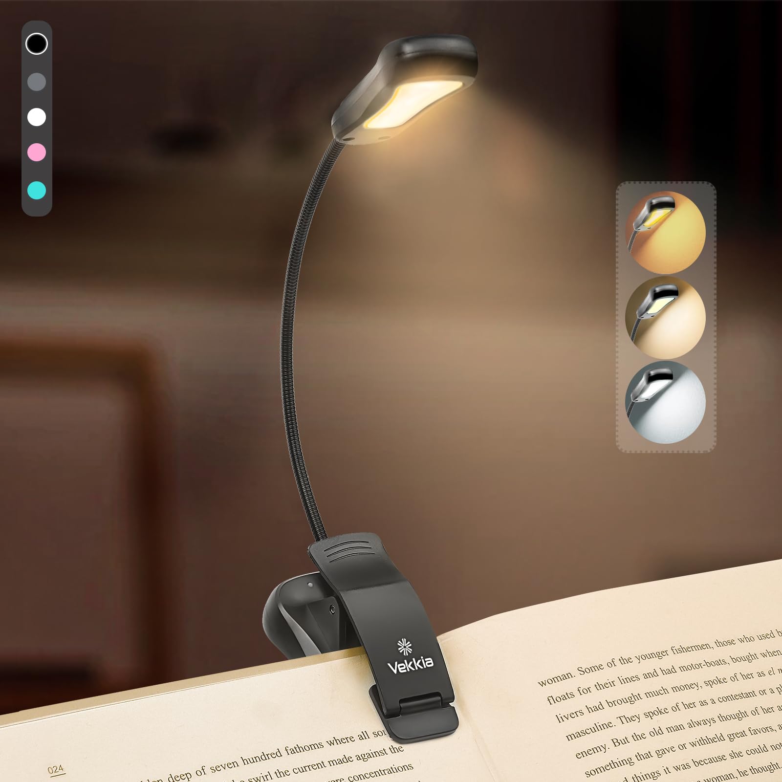 Vekkia/LuminoLite Rechargeable Book Light, Reading Lights for Books in Bed, 3 Colortemperature × 3 Brightness, Up to 70 Hours Lighting, Great for Readers, Travel (Black)