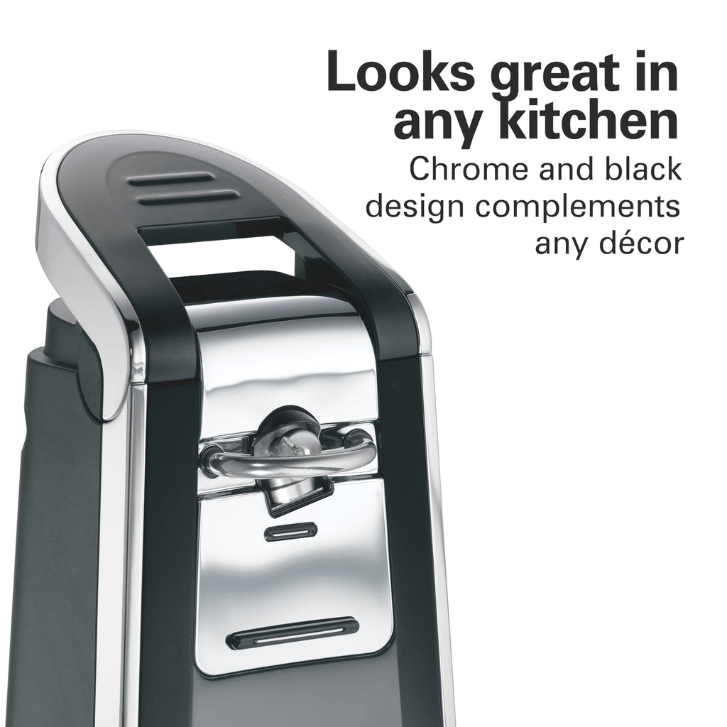 Hamilton Beach Smooth Touch Electric Automatic Can Opener with Easy Push Down Lever, Eliminates Sharp Edges, Opens All Standard-Size and Pop-Top Cans, Extra Tall, Black and Chrome (76606AG)