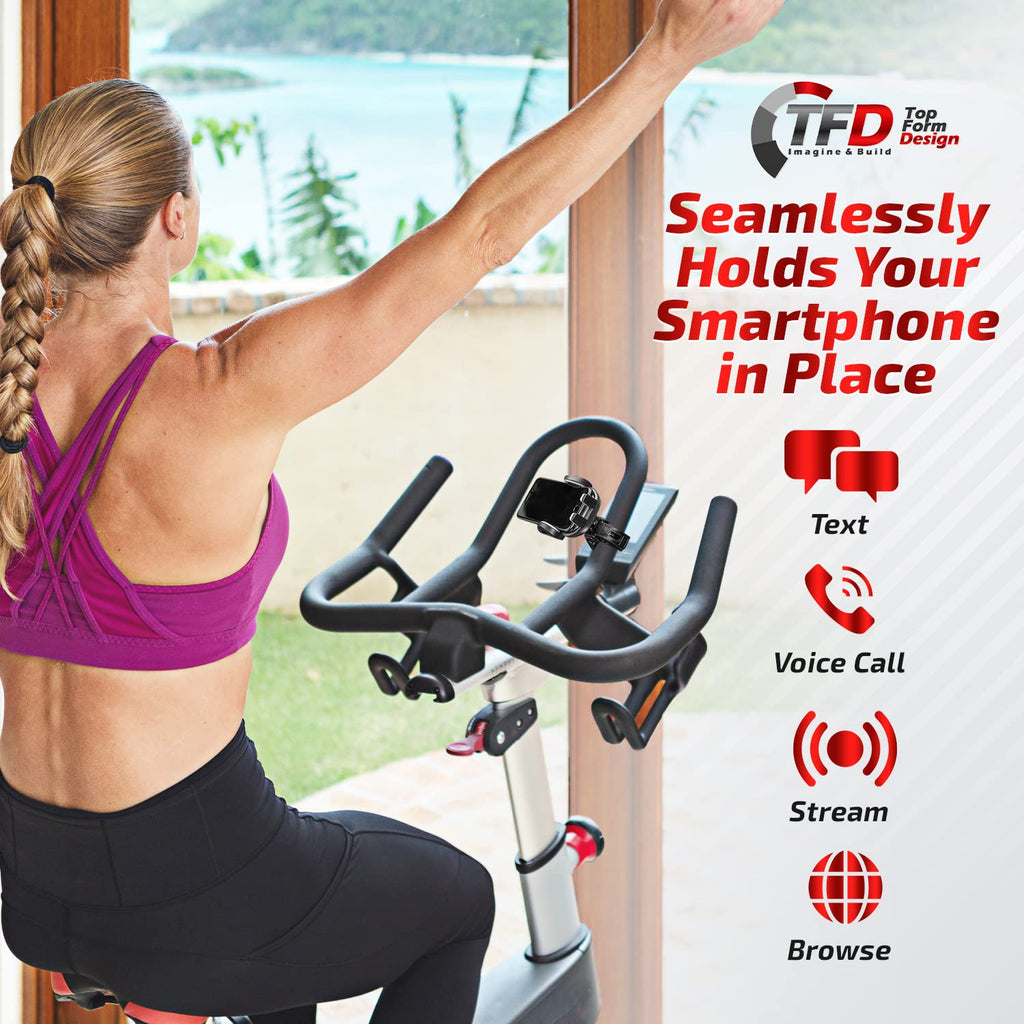 TFD Cell Phone Bike Mount - Expandable Sides Phone Holder for Bike - 360° Rotation Compatible Peloton Accessories - Universal Handlebar Cell Phone Holder for Bicycle or Exercise Bike Accessories