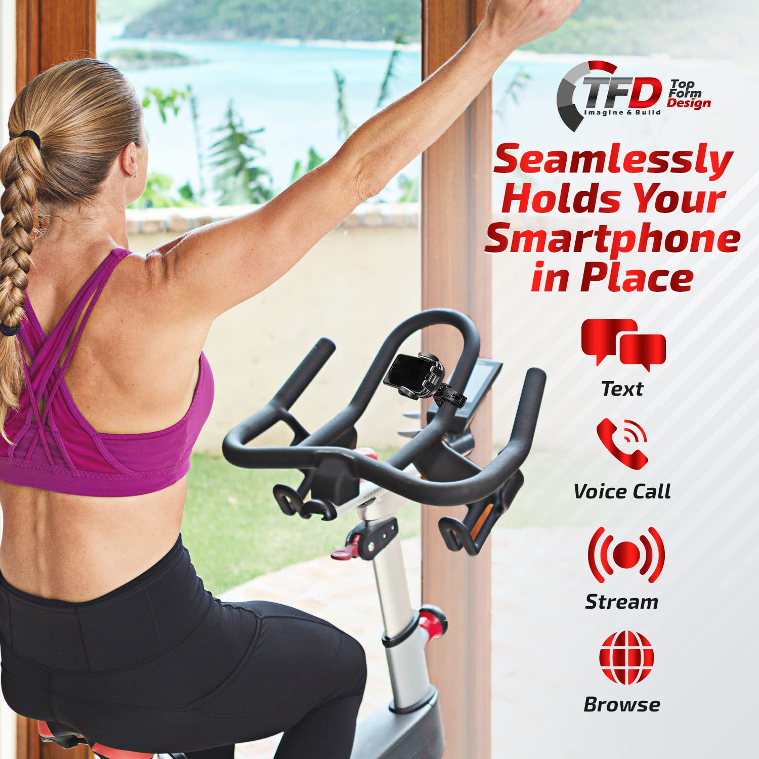 TFD Cell Phone Bike Mount - Expandable Sides Phone Holder for Bike - 360° Rotation Compatible Peloton Accessories - Universal Handlebar Cell Phone Holder for Bicycle or Exercise Bike Accessories