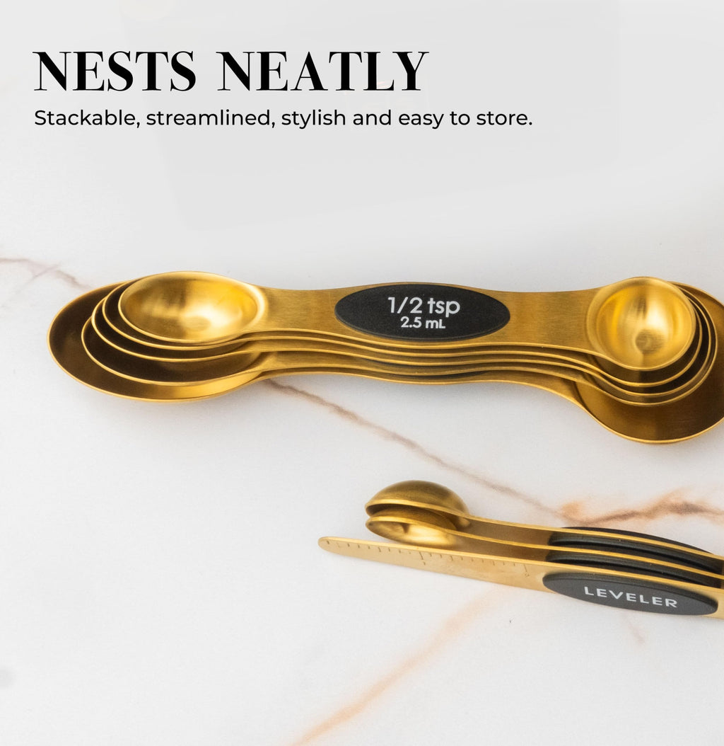 Magnetic Measuring Spoons Set – Stainless Steel Gold Measuring Spoons for Cooking and Baking – Cute and Durable Gold Kitchen Accessories - Great for Gifting