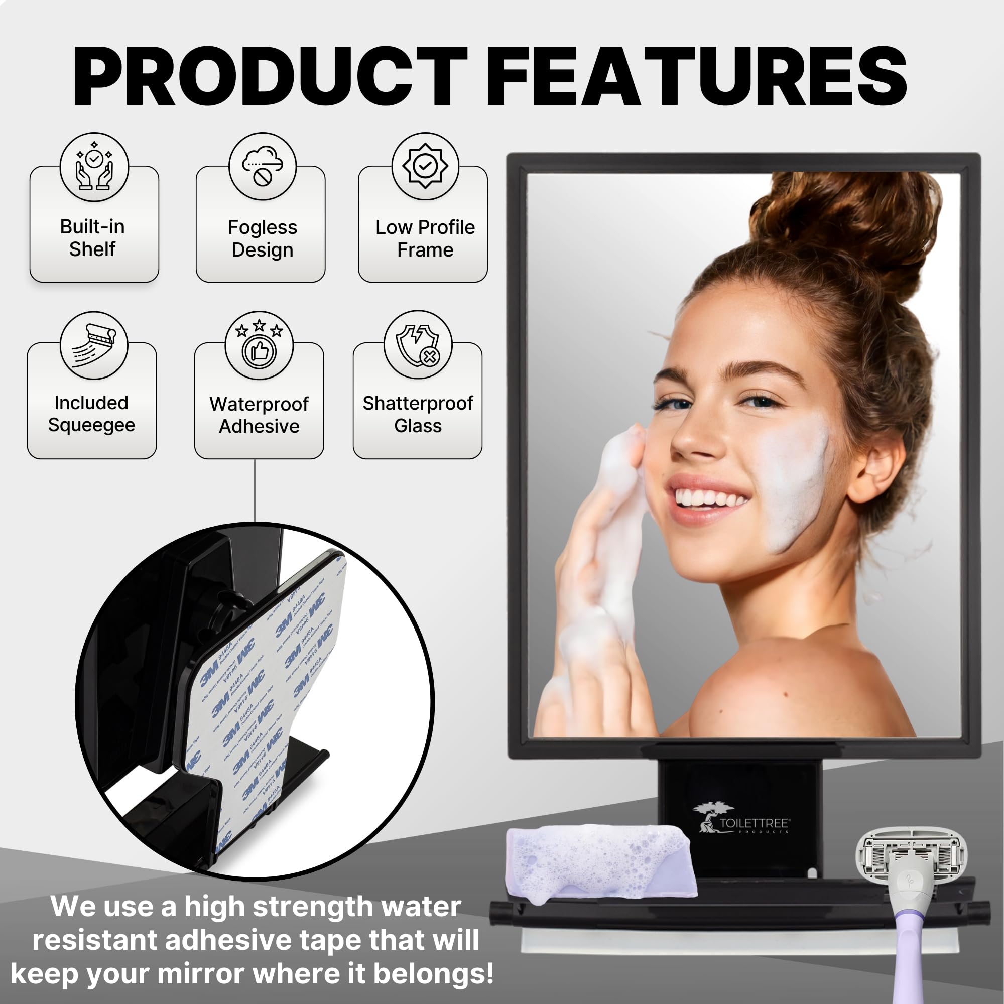 ToiletTree Products Fogless Shower Mirror - Anti-Fog Mirror - Adjustable Shaving Mirror with a Squeegee - Rust-Proof, Impact-Resistance Bathroom Shower Mirror - Tall