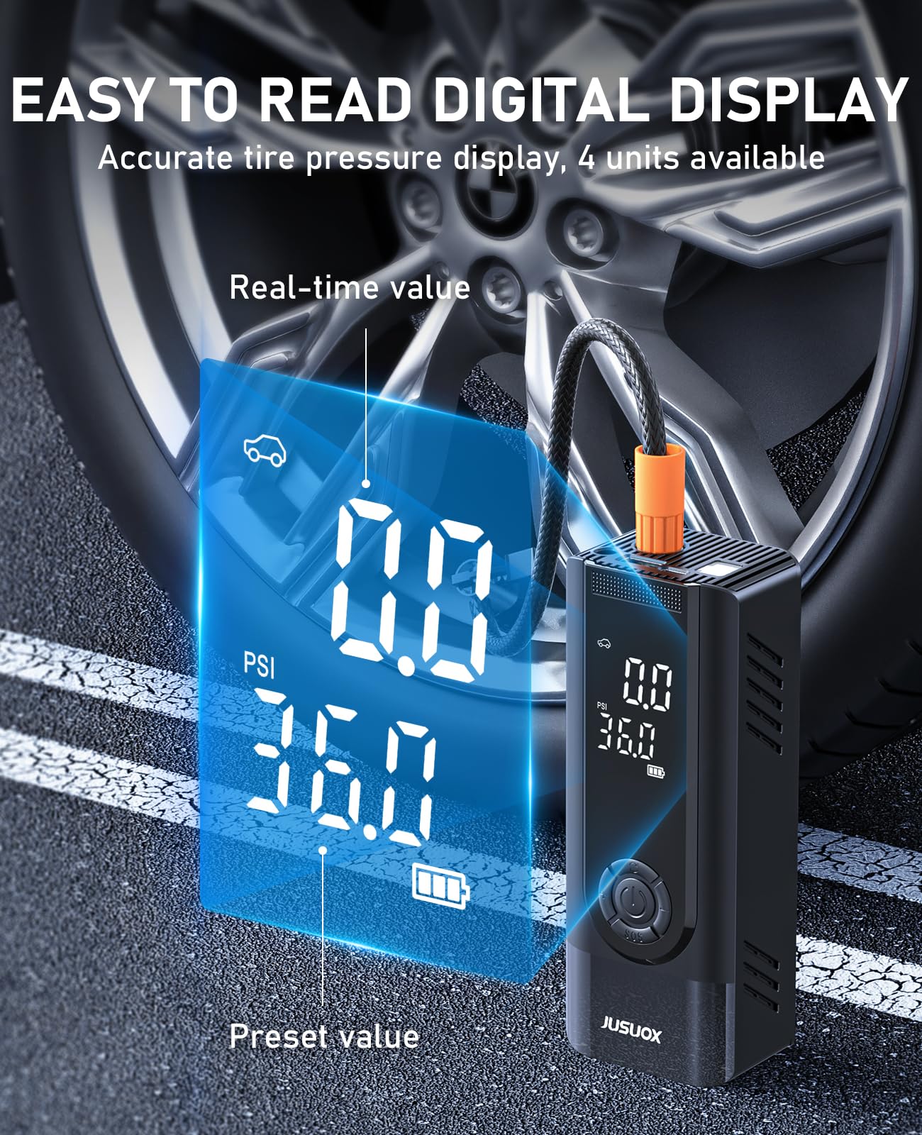 JUSUOX Tire Inflator Portable Air Compressor, 150PSI Cordless Air Pump for Car Tires, Battery & 12V DC Dual Power Electric Bike Tire Pump with Digital Pressure Gauge, LED Light, for Motorcycle, Ball