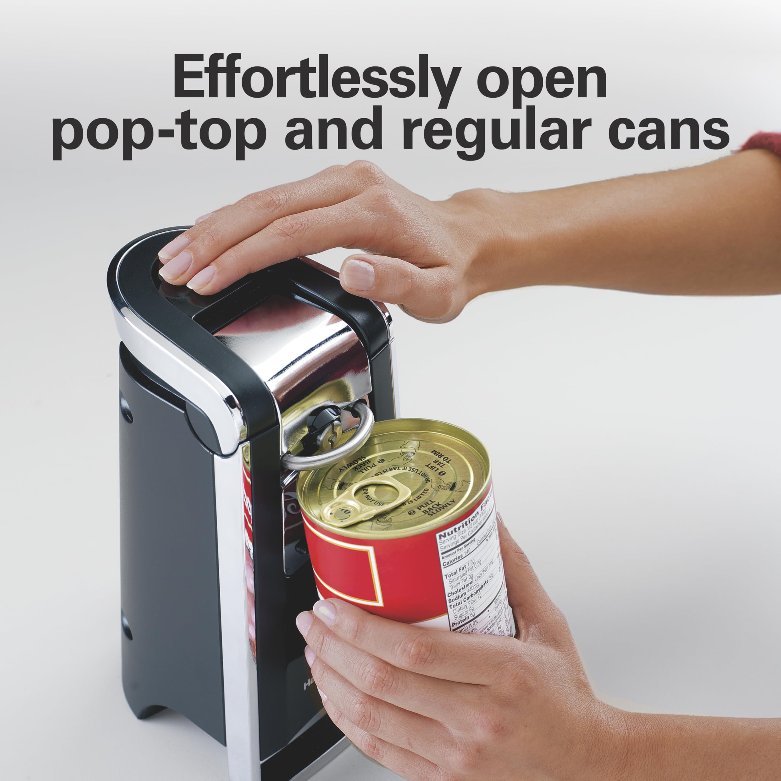 Hamilton Beach Smooth Touch Electric Automatic Can Opener with Easy Push Down Lever, Eliminates Sharp Edges, Opens All Standard-Size and Pop-Top Cans, Extra Tall, Black and Chrome (76606AG)