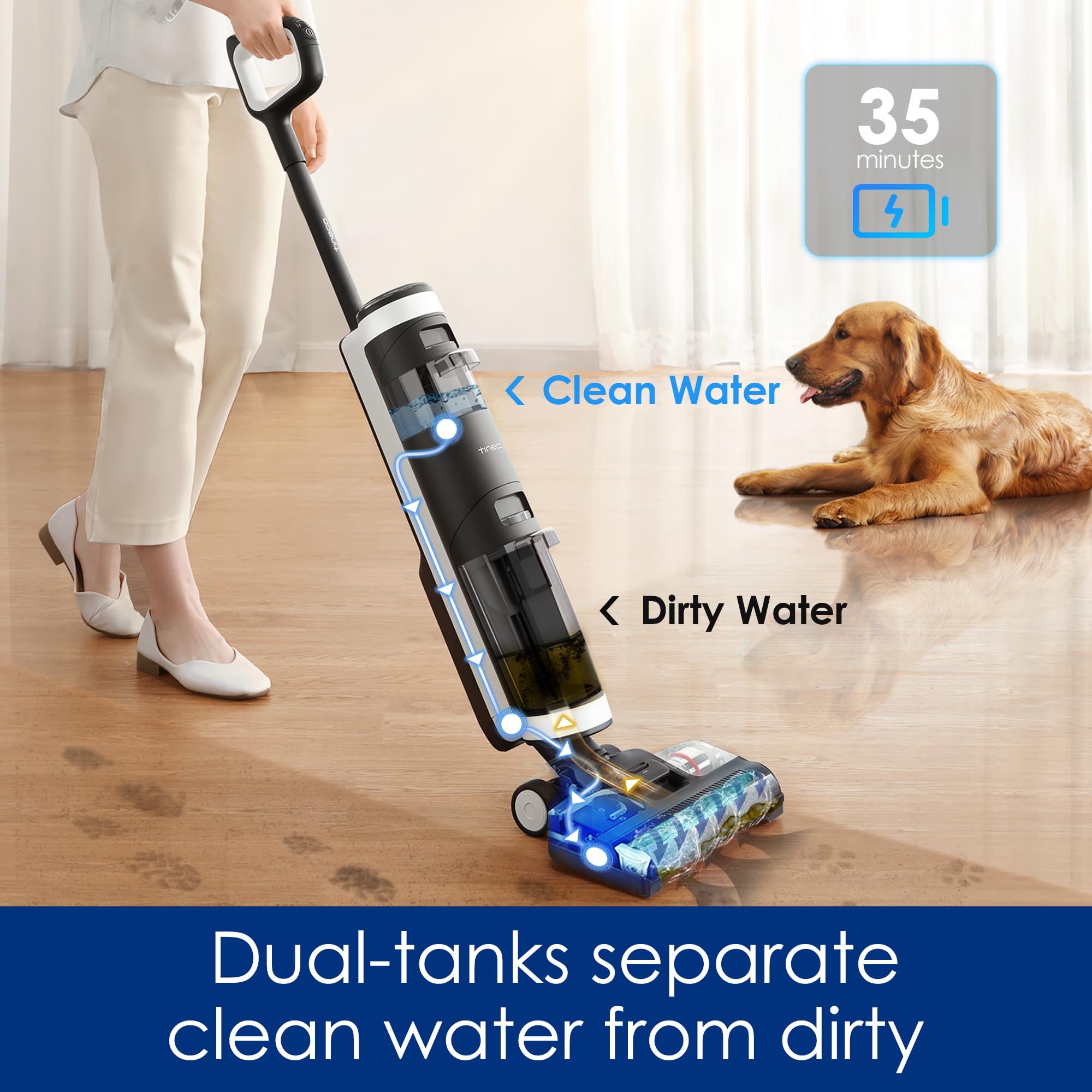 Tineco Floor ONE S3 Cordless Hardwood Floors Cleaner, Lightweight Wet Dry Vacuum Cleaners for Multi-Surface Cleaning with Smart Control System