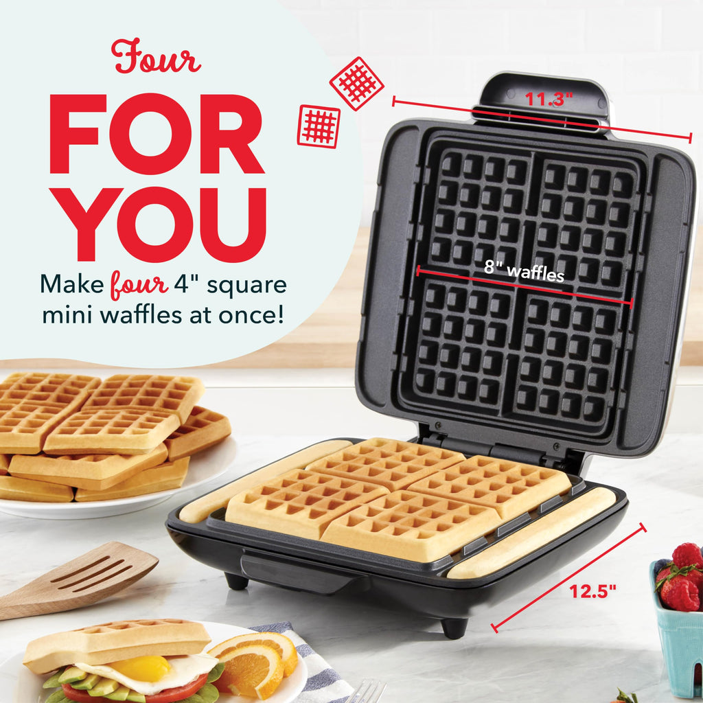 DASH No-Drip Waffle Maker - Four Waffle Molds, Nonstick Waffle Iron with Quick Heat-Up, Nonstick Surface - Perfect Waffle Maker for Kids and Families, Just Add Batter