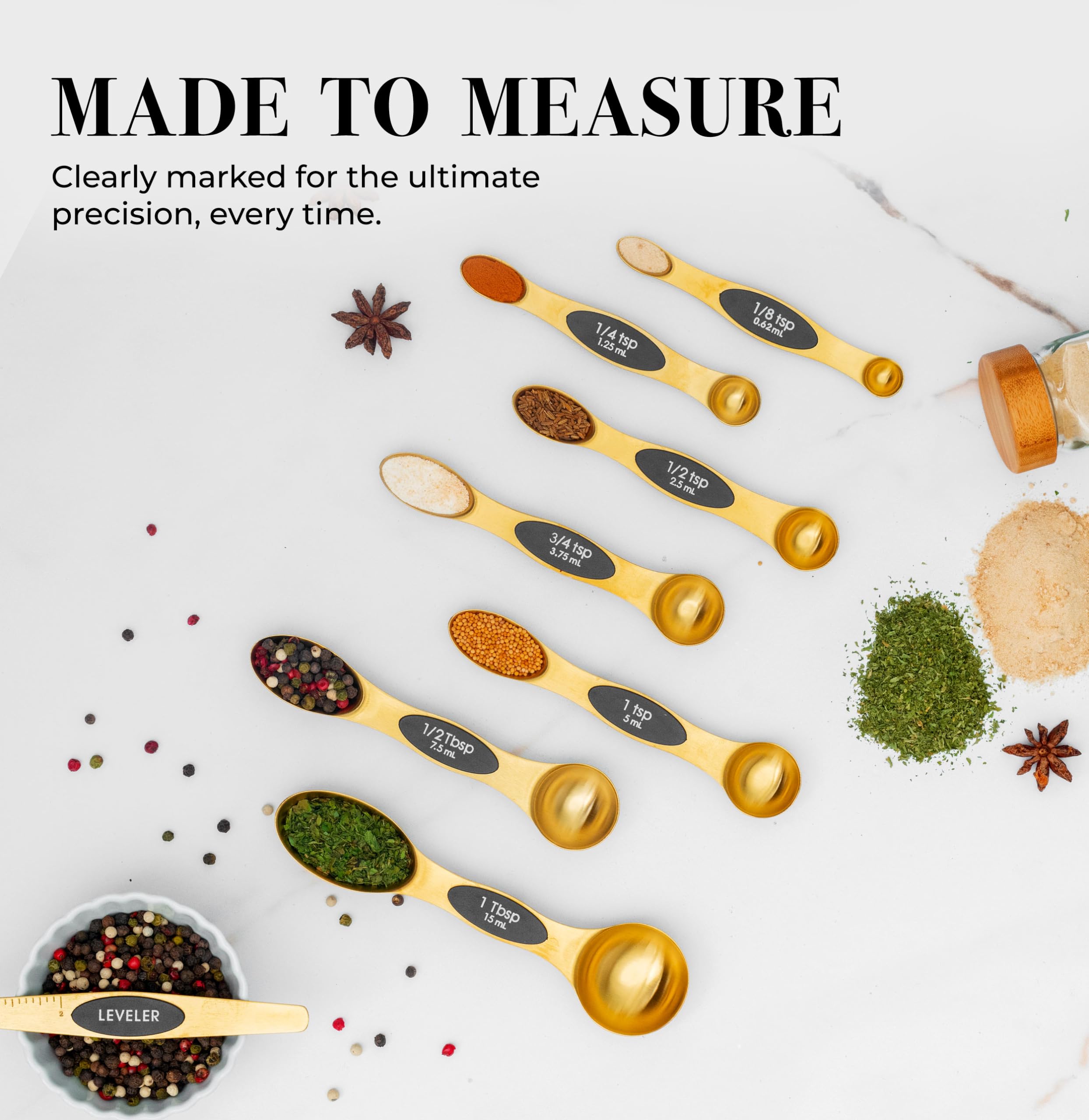 Magnetic Measuring Spoons Set – Stainless Steel Gold Measuring Spoons for Cooking and Baking – Cute and Durable Gold Kitchen Accessories - Great for Gifting