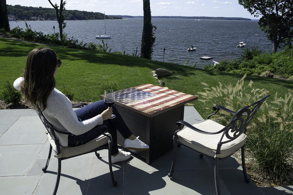 Endless Summer, The Liberty, Square 30" Outdoor Propane Fire Pit, Includes White Fire Glass, Protective Cover, and Patented Hide-Away Door