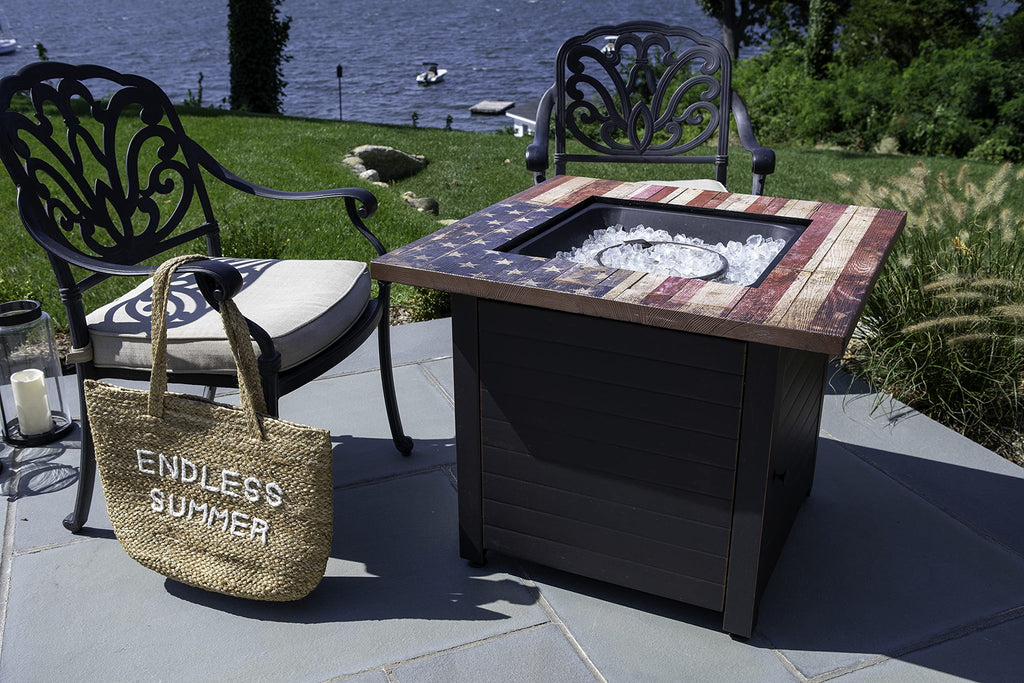 Endless Summer, The Liberty, Square 30" Outdoor Propane Fire Pit, Includes White Fire Glass, Protective Cover, and Patented Hide-Away Door