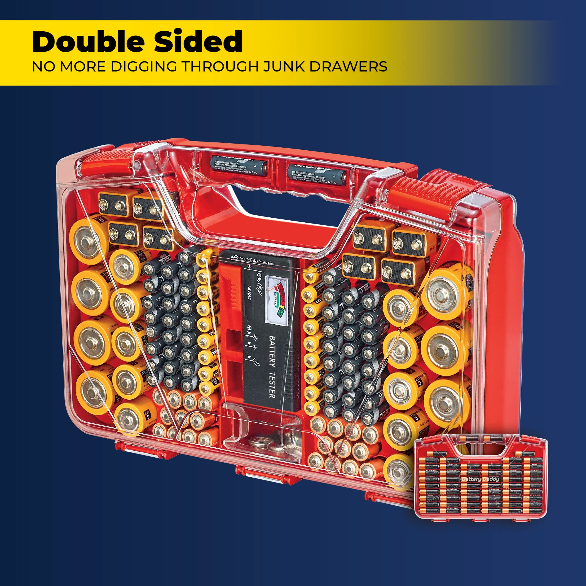 Ontel Battery Daddy Storage & Organizer Case with Tester, Stores & Protects Up to 180 Batteries, Double-Sided, Durable Design with Clear Locking Lid, Secure Latches & Portable Carrying Handle - Red